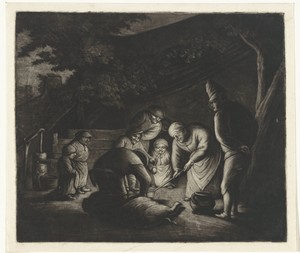 Boerenfamilie bij het slachten van een varken