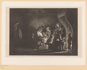 Boerenfamilie rond een haardvuur