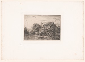 Boerenhuis met twee figuren bij een put