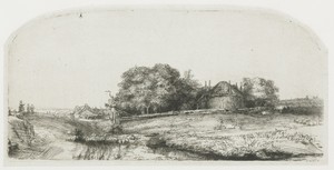 Boerenhuizen en een hooimijt aan de Diemerdijk
