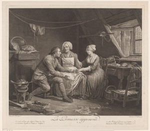 Boereninterieur met een moeder tussen een jongeman en haar dochter tijdens hun verloving