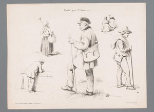 Boerin, baliekluiver, plattelandsbode, vrouw met kind en een man met zak over zijn schouder