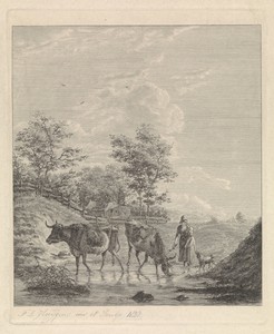 Boerin en koeien in landschap