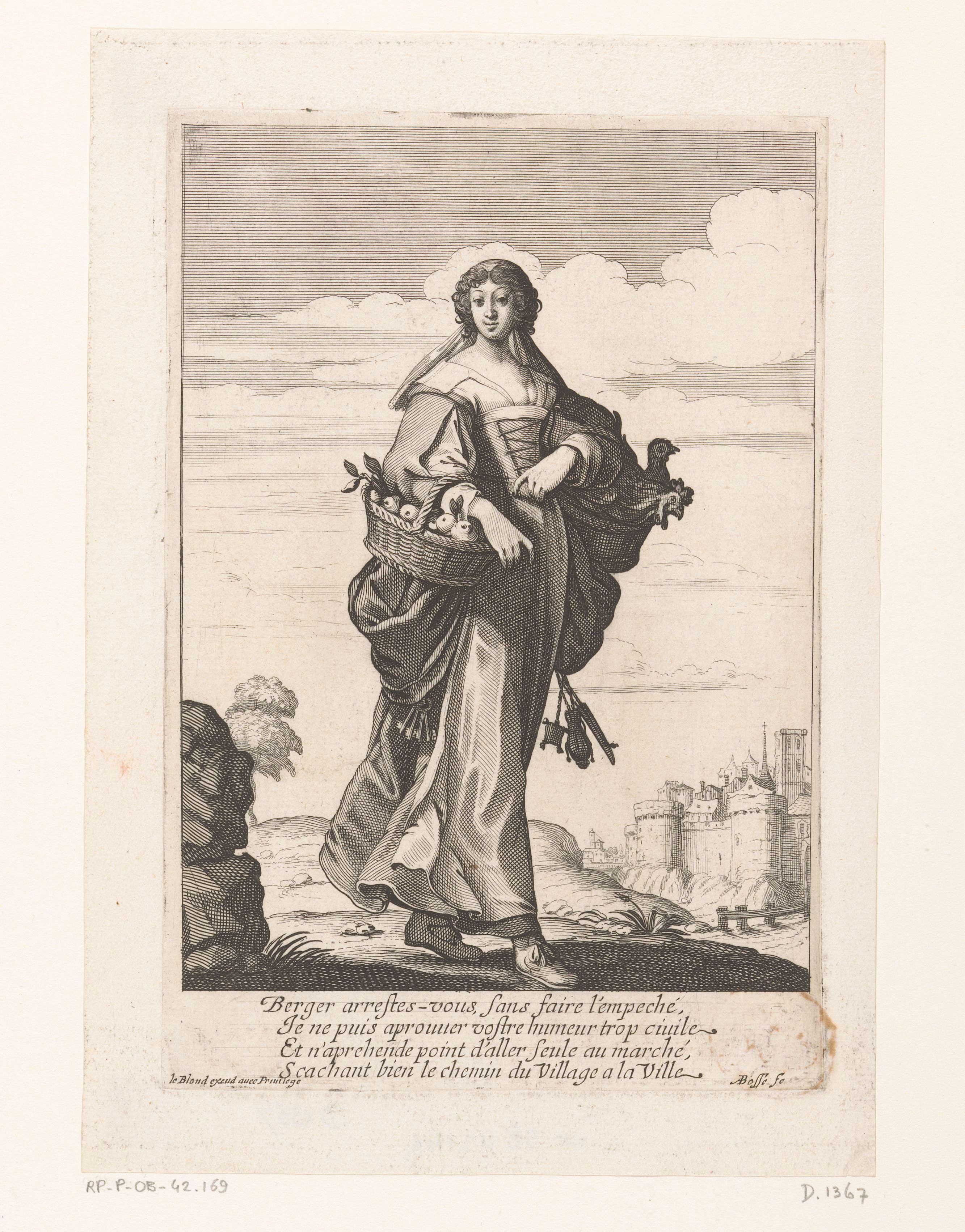 Boerin met een mand fruit en een mand met kippen by Abraham Bosse
