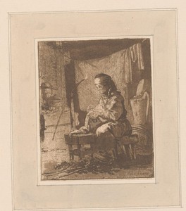 Boerin met naaiwerk in een interieur