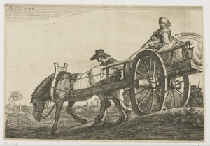 Boerin op een paardenkar met twee wielen