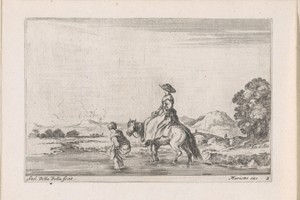 Boerin te paard en boerin te voet steken rivier over