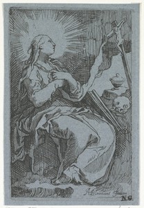 Boetvaardige Maria Magdalena in de grot voor crucifix
