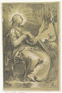 Boetvaardige Maria Magdalena in de grot voor crucifix