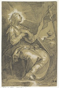 Boetvaardige Maria Magdalena in de grot voor een crucifix