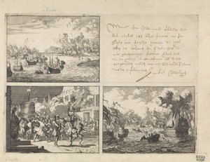Bombardement van Dieppe, 1694 / Zeeslag bij Kaap La Hogue, 1692 / Vreugde in Parijs naar aanleiding van het valse bericht van de dood van Willem III bij de slag aan de Boyne, 1690
