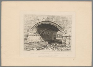 Boog onder de oude London Bridge, met gezicht op een haven met zeilschepen