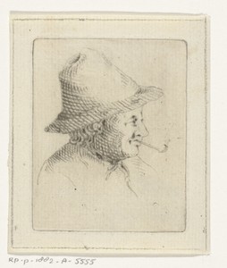 Borstbeeld van boer met hoed en pijp, en profil