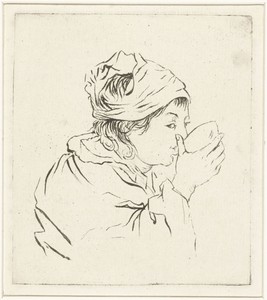 Borstbeeld van een drinkende vrouw met hoofddoek