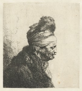 Borstbeeld van een oude man met bontmuts
