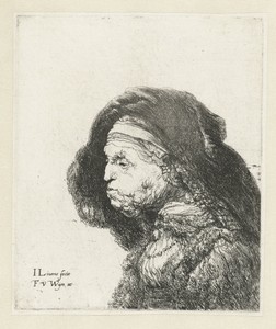 Borstbeeld van een oude vrouw met mantel