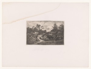 Bosgezicht met een wandelaar en een watermolen