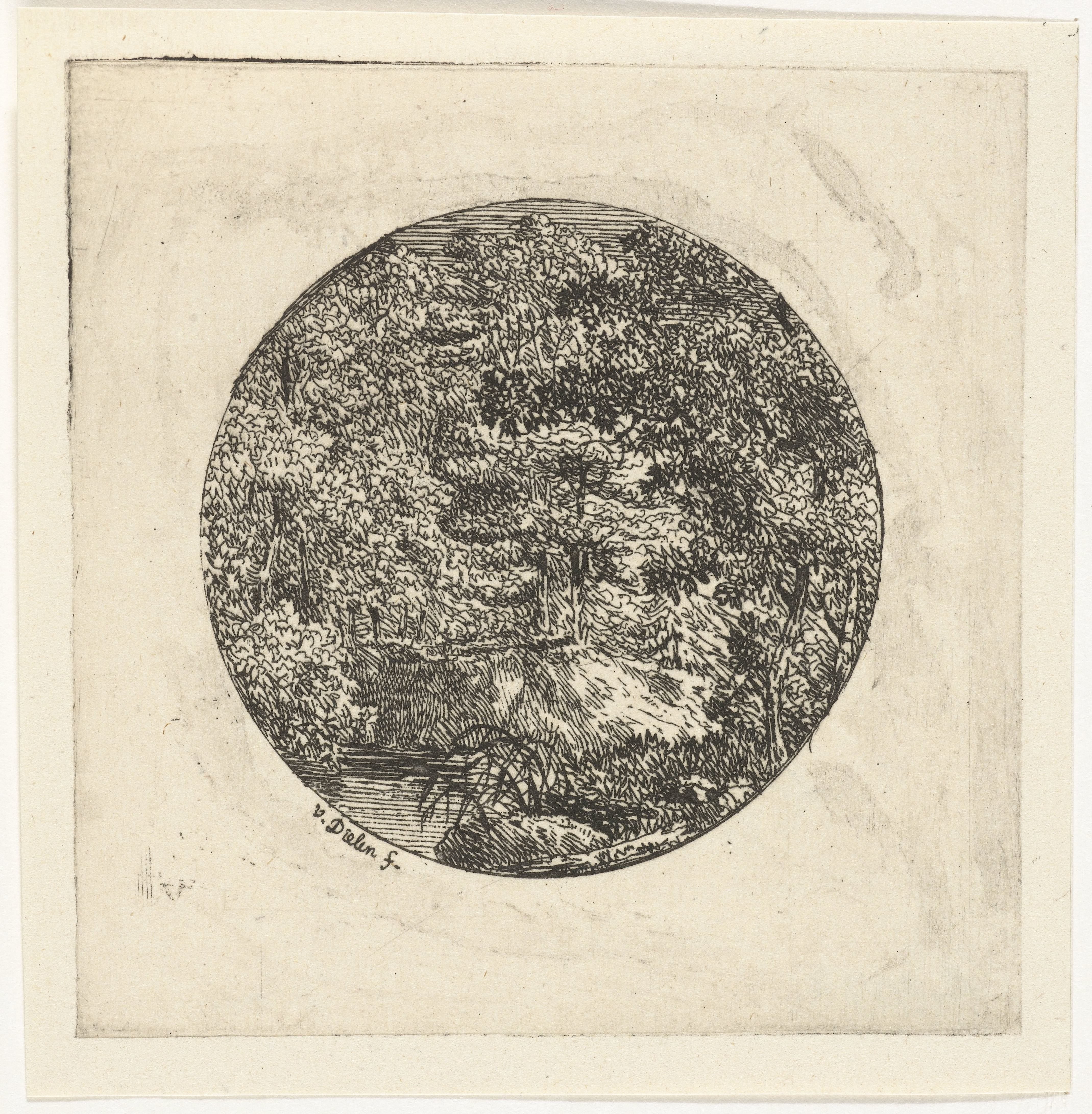 Boslandschap in rond kader by Adriaan Jacob Willem van Dielen