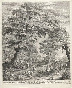 Boslandschap met boeren bij paard en wagen