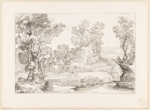 Boslandschap met een beek en een rots waarop bomen
