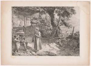 Boslandschap met een boerin en haar gezin voor een stal