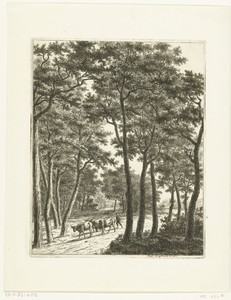 Boslandschap met een herder en drie koeien