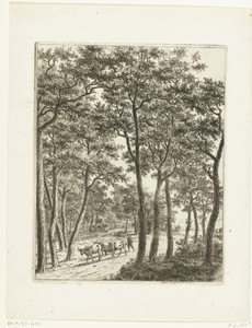 Boslandschap met een herder en drie koeien
