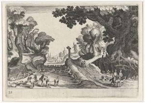 Boslandschap met een kruis langs een pad
