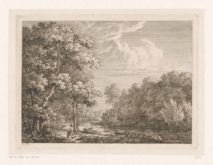 Boslandschap met een rivier, een man met een kruiwagen op de voorgrond