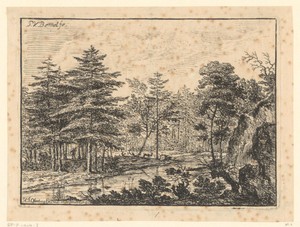 Boslandschap met een rivier, een reiziger tussen de bomen