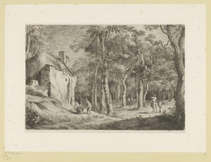 Boslandschap met figuren bij een huis