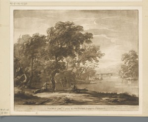 Boslandschap met figuren die rivier oversteken