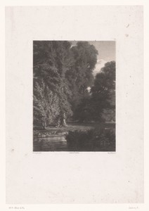 Boslandschap met figuur onder een boom aan het water