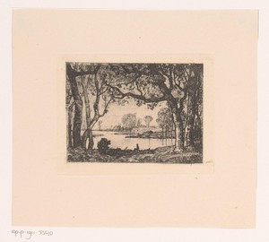 Boslandschap met figuur op de oever van een vijver