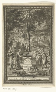 Boslandschap met herders en herderinnen die gaven brengen bij beeld van Cupido