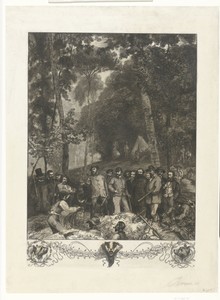 Boslandschap met jagers bij drijfjacht op dassen