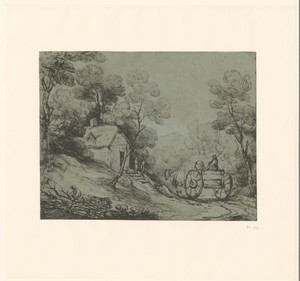 Boslandschap met paard en wagen bij een huis