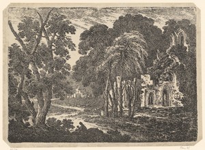 Boslandschap met ruïne van een abdij