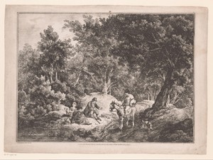 Boslandschap met ruiter en zittende figuren