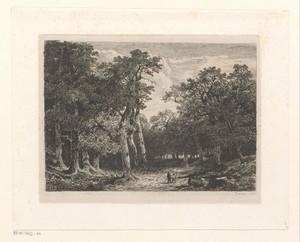 Boslandschap met twee figuren op een bospad