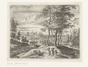 Boslandschap met twee vrouwen en een jongen met een mand