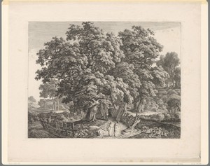 Bosrijk landschap met omheining om een eik en twee wandelaars