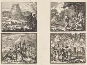 Bouw van de Toren van Babel / Abraham en Lot verlaten hun vaderland / Abraham ontvangt de drie engelen / Lot verlaat Sodom