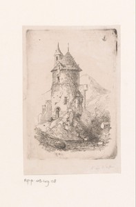 Bouwvallige toren in bergachtig landschap