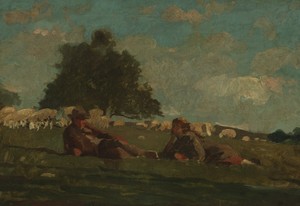 Boy and Girl in a Field with Sheep