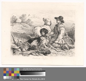 Boy holding 2 gun-dogs and game