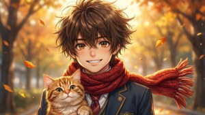 Boy with Orange Cat in Autumn