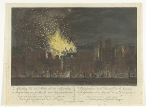 Brand van de schouwburg aan de Keizersgracht te Amsterdam gezien vanaf de overzijde, 1772