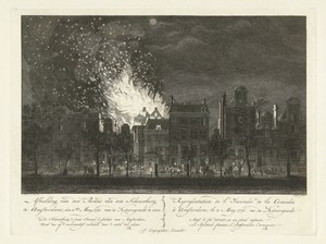 Brand van de schouwburg aan de Keizersgracht te Amsterdam gezien vanaf de overzijde, 1772