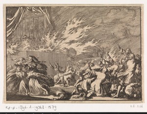 Brand van een houten loods waarin een toneelvoorstelling plaatsvindt naast het slot Amelienborg te Kopenhagen, 1689